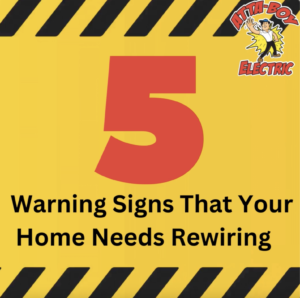 Image with caution tape that moves at the top and bottom of the image. The center says "5 Warning Signs That Your Home Needs Rewiring." 